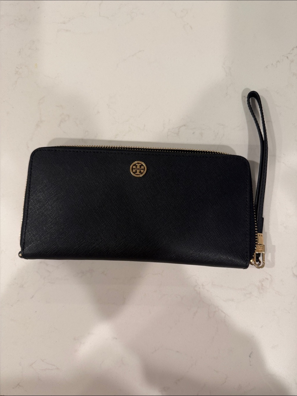 Tory Burch Black Leather Zip Wristlet with Gold Logo